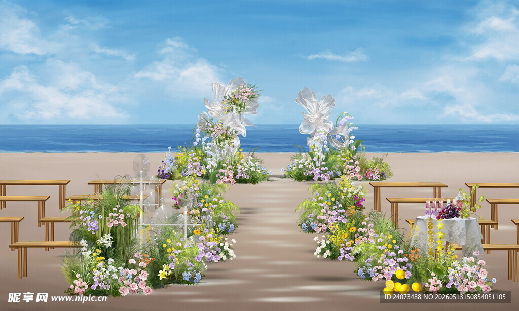 海边浪漫花卉婚礼通道