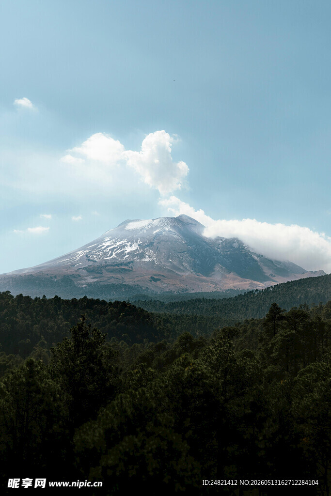 壮丽雪山与葱郁森林景观