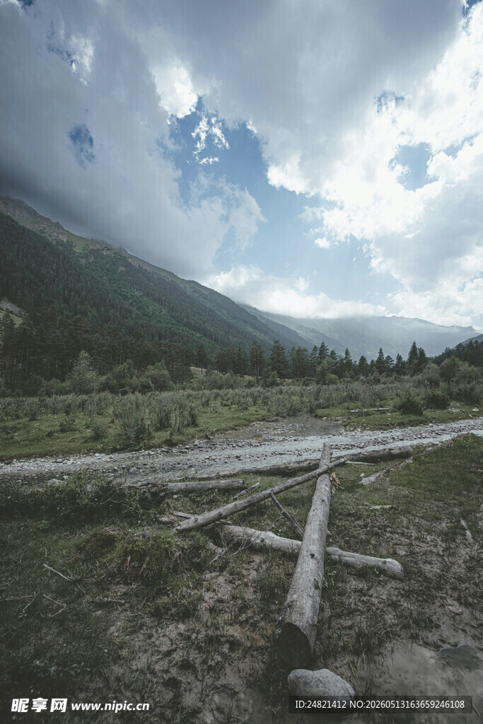山间旷野中的木杆与风景