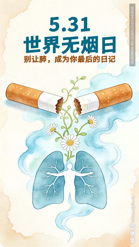 水彩工笔画世界无烟日宣传插画
