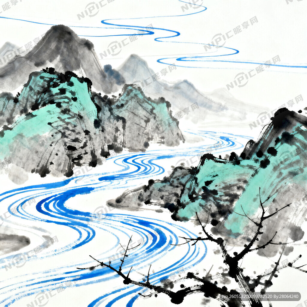 蓝色线条山水画