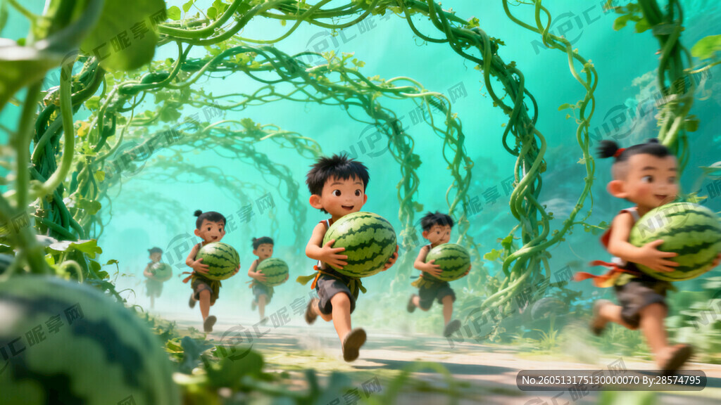 几个中国小孩 抱着西瓜向前奔跑