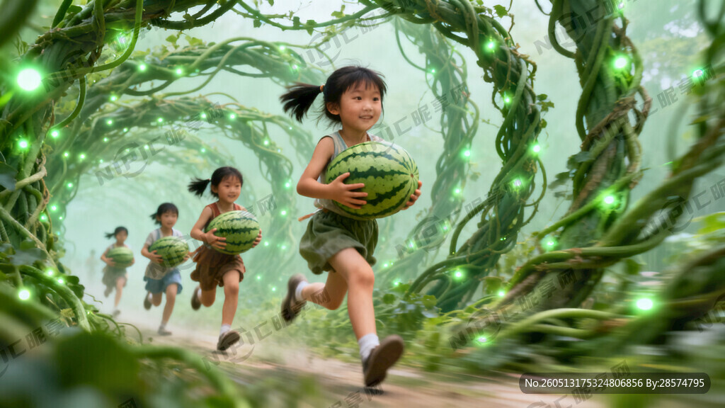 几个中国小女孩 背景是绿色藤条