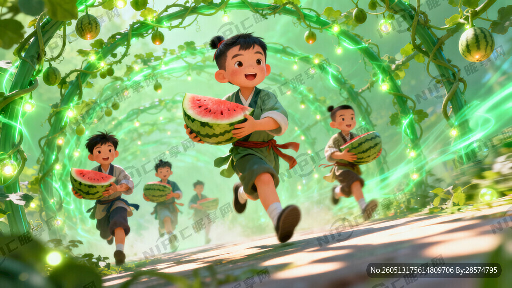几个中国小男孩 背景是绿色藤条
