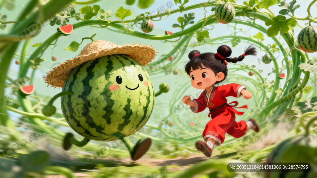 一个拟人的西瓜和一个中国小女孩