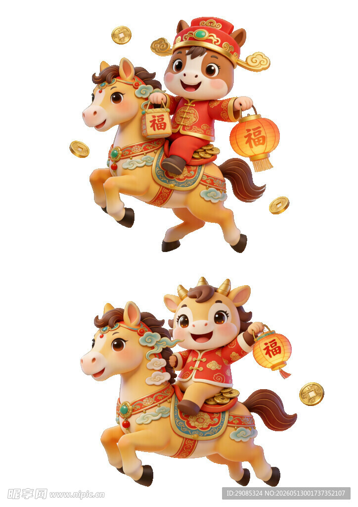 马背上的财神与金童贺岁