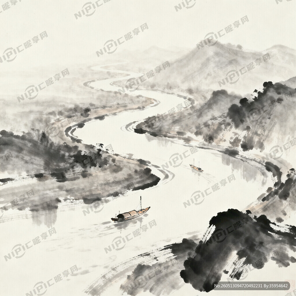 写意山水画 国画 水墨 河流