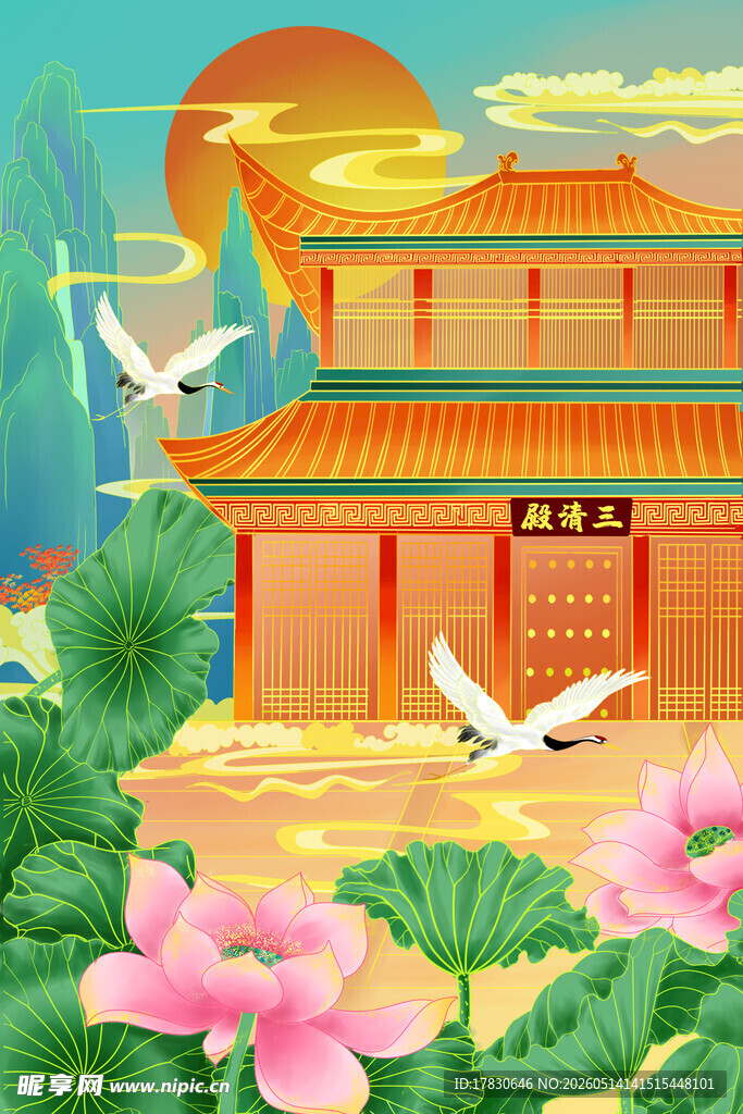 古风楼阁荷花飞鸟美景