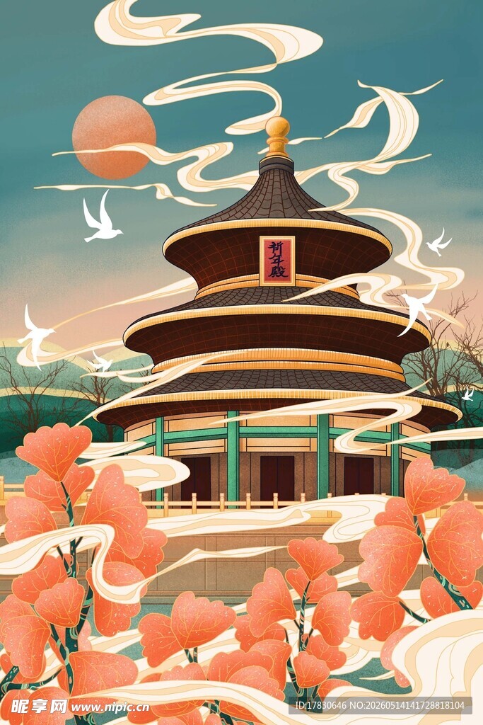 古风宝塔与烂漫繁花之景
