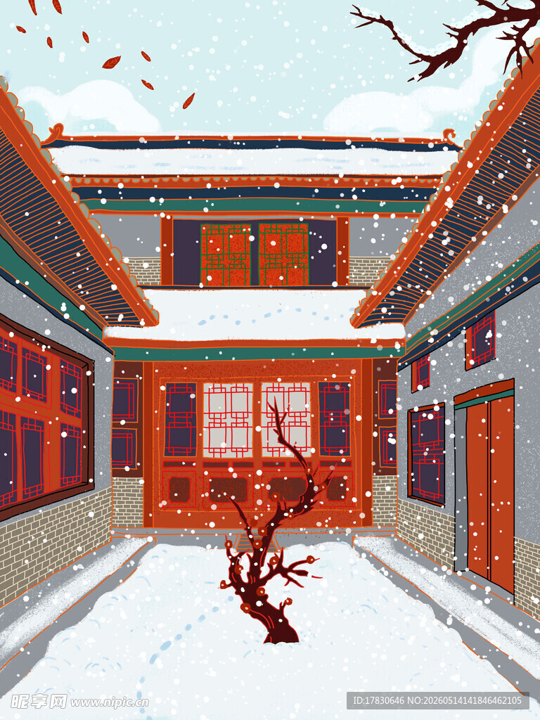 雪覆中式庭院红梅绽放