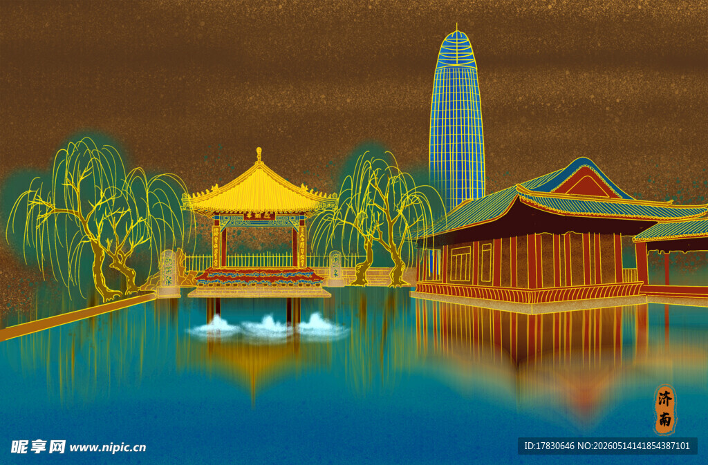 中式园林湖畔古建筑景观