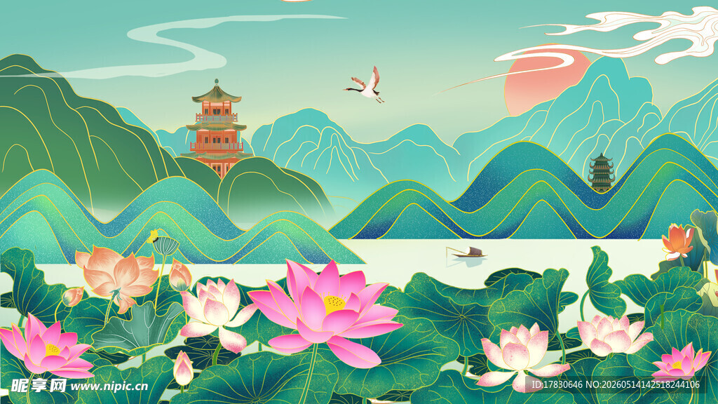 夏日荷塘山水美景图