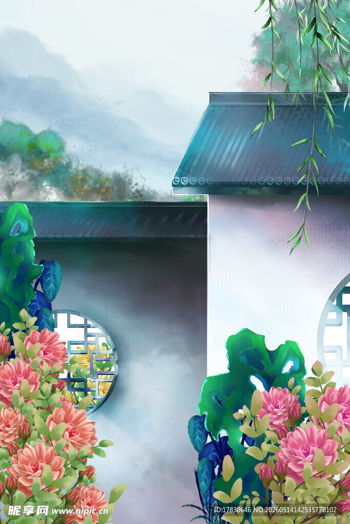 中式庭院景致繁花绿植相伴