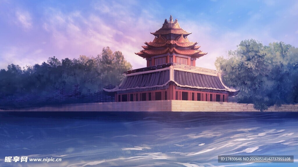 湖畔古亭梦幻山水景致