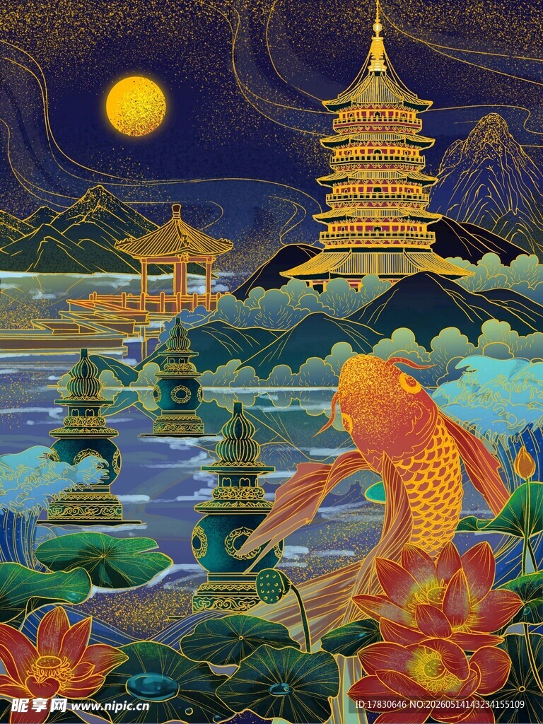 梦幻月夜下的古塔锦鲤景