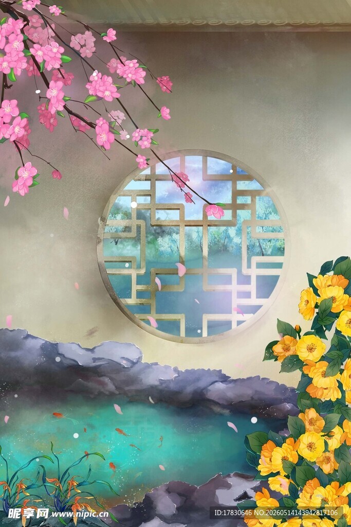 中式园林景繁花映窗景