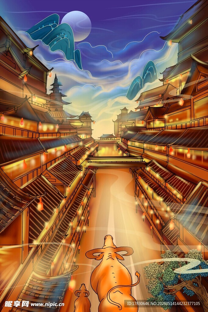 梦幻古风街巷夜景图