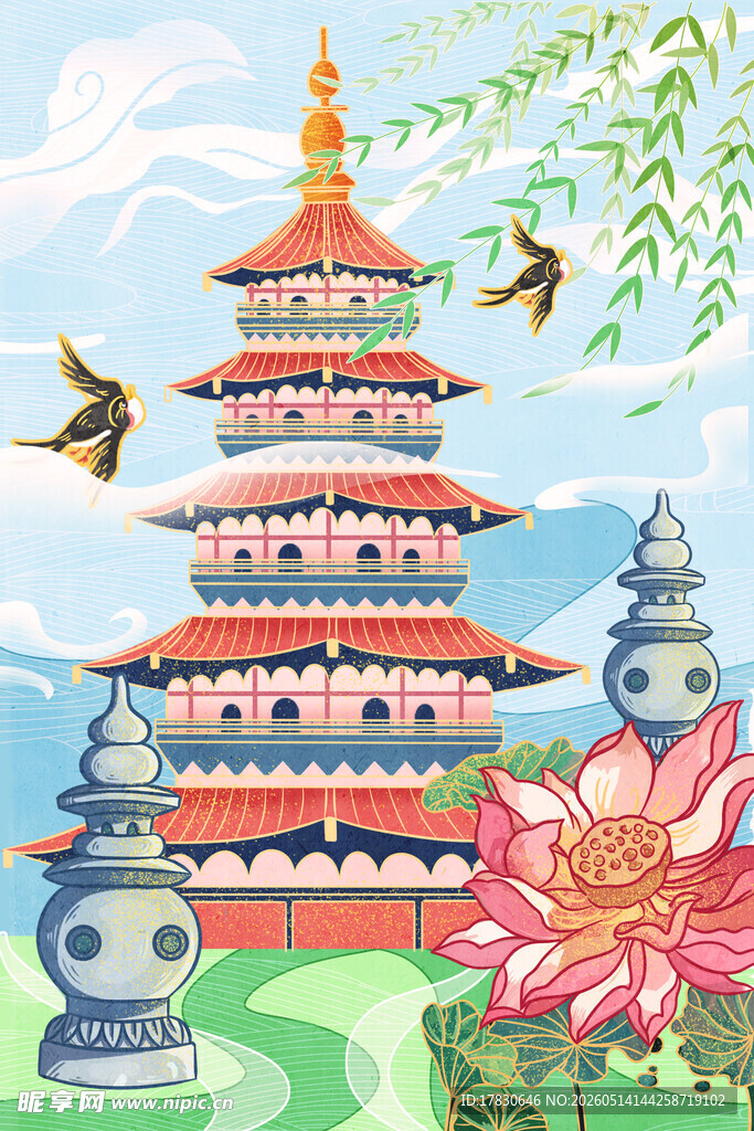 梦幻塔楼与花卉景观图