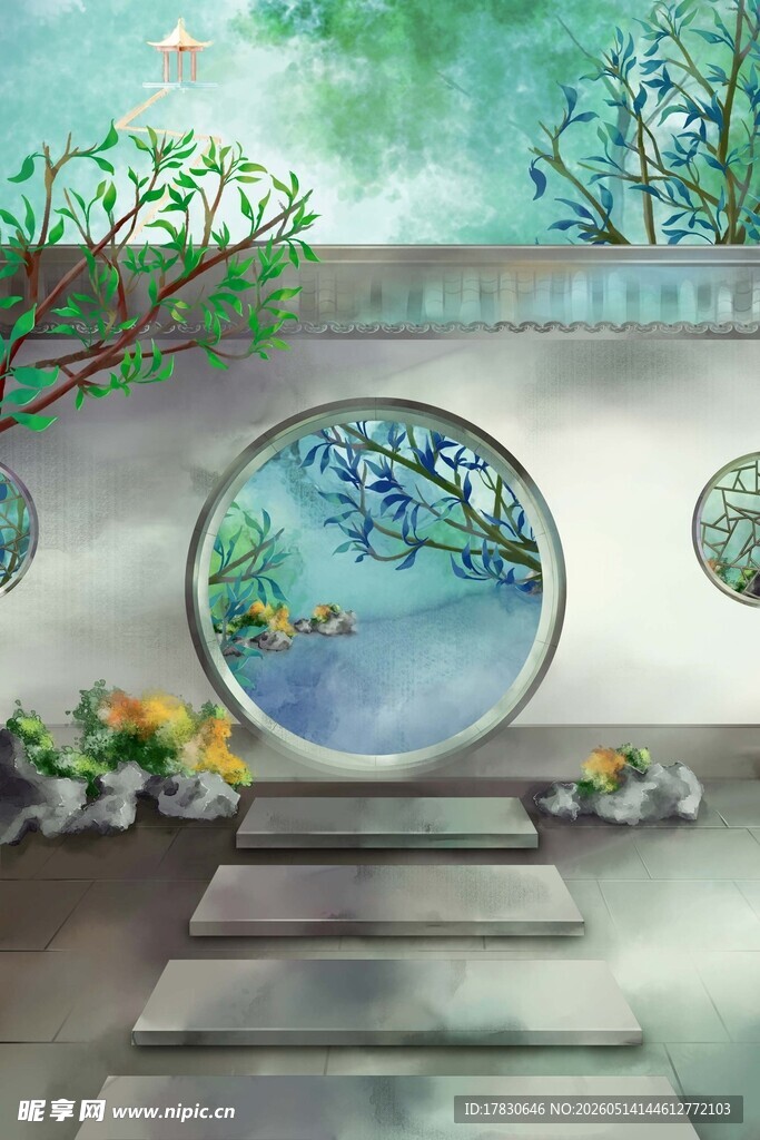 中式庭院景致的诗意画面