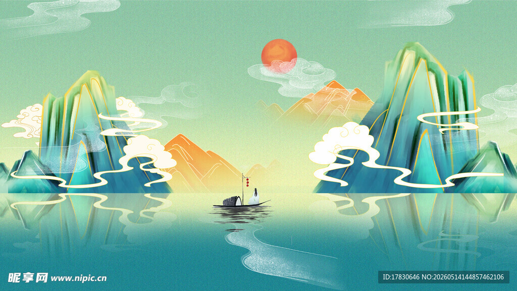 水墨山水间的泛舟图景