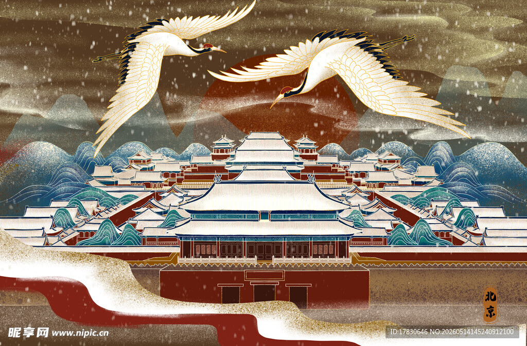 瑞雪故宫双鹤翩跹