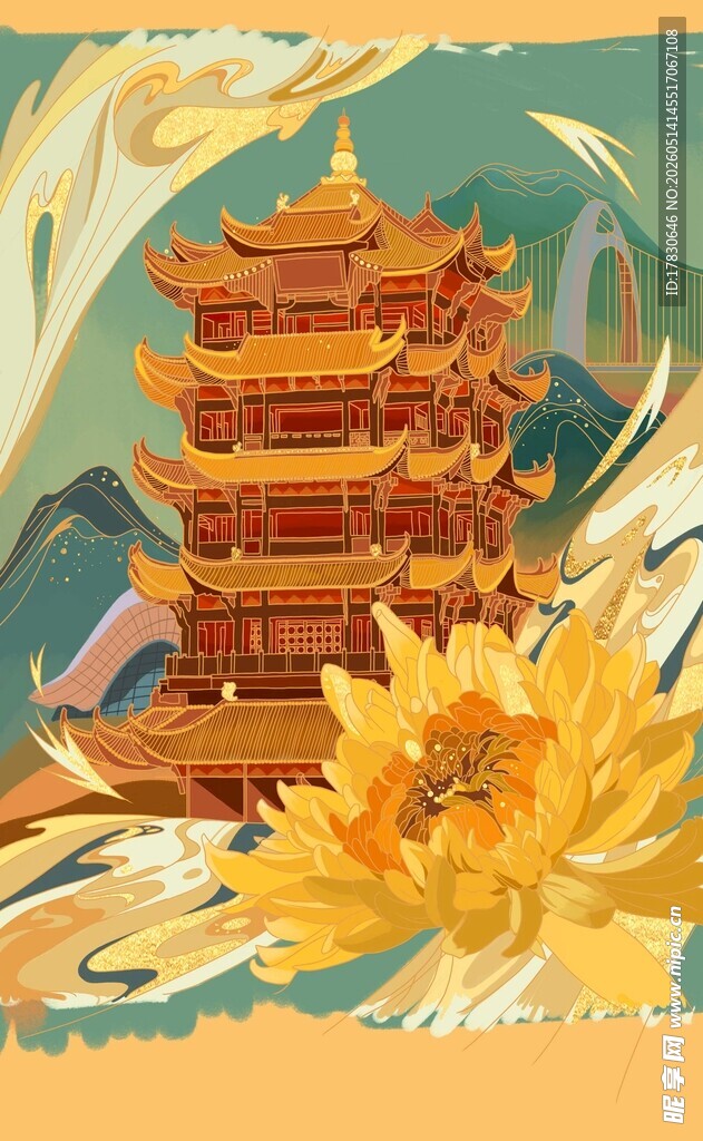 古风楼阁旁绽放的金黄花朵
