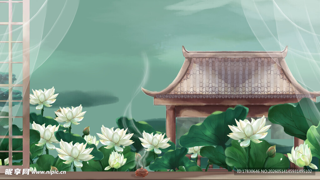 中式庭院荷花与古亭图景