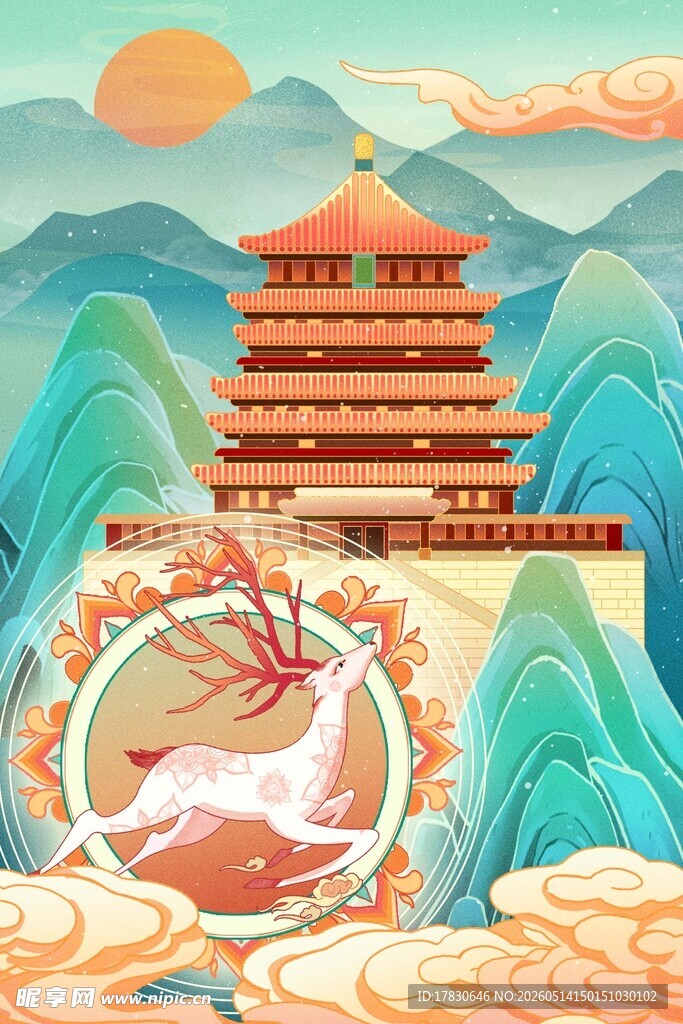 古风山水间的楼阁瑞兽图