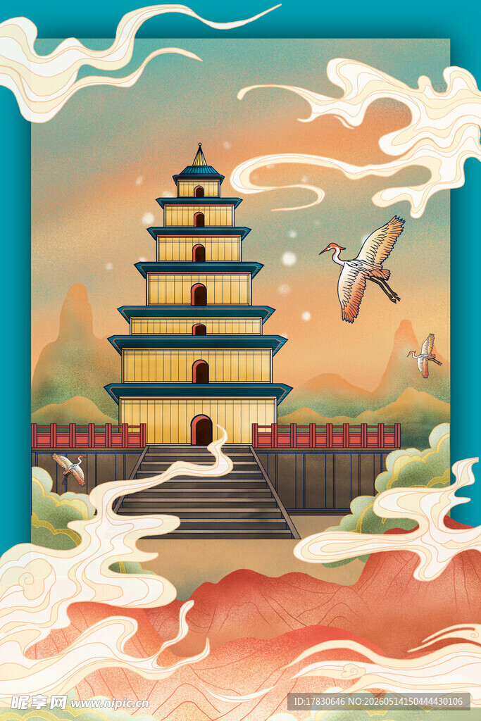 古风宝塔与飞鸟奇幻景象