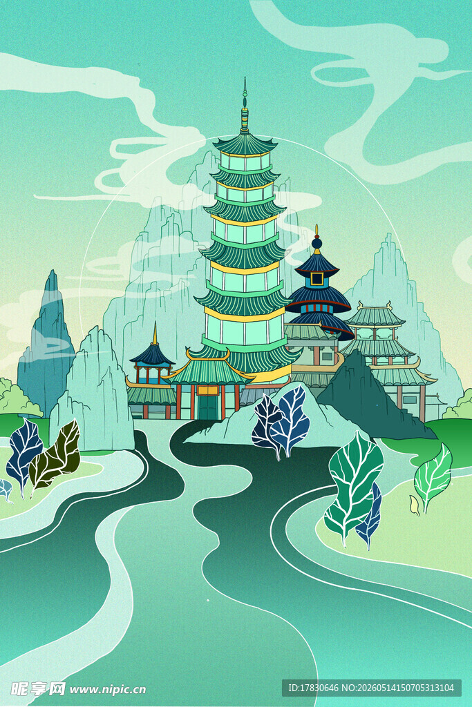 中式山水古建筑优美景观