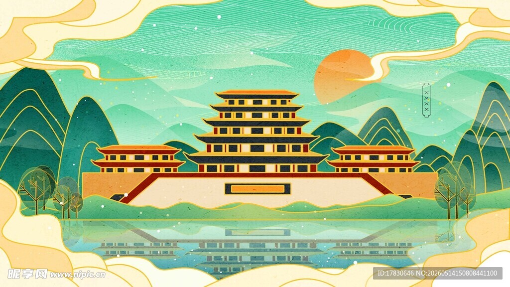 古风楼阁山水美景图
