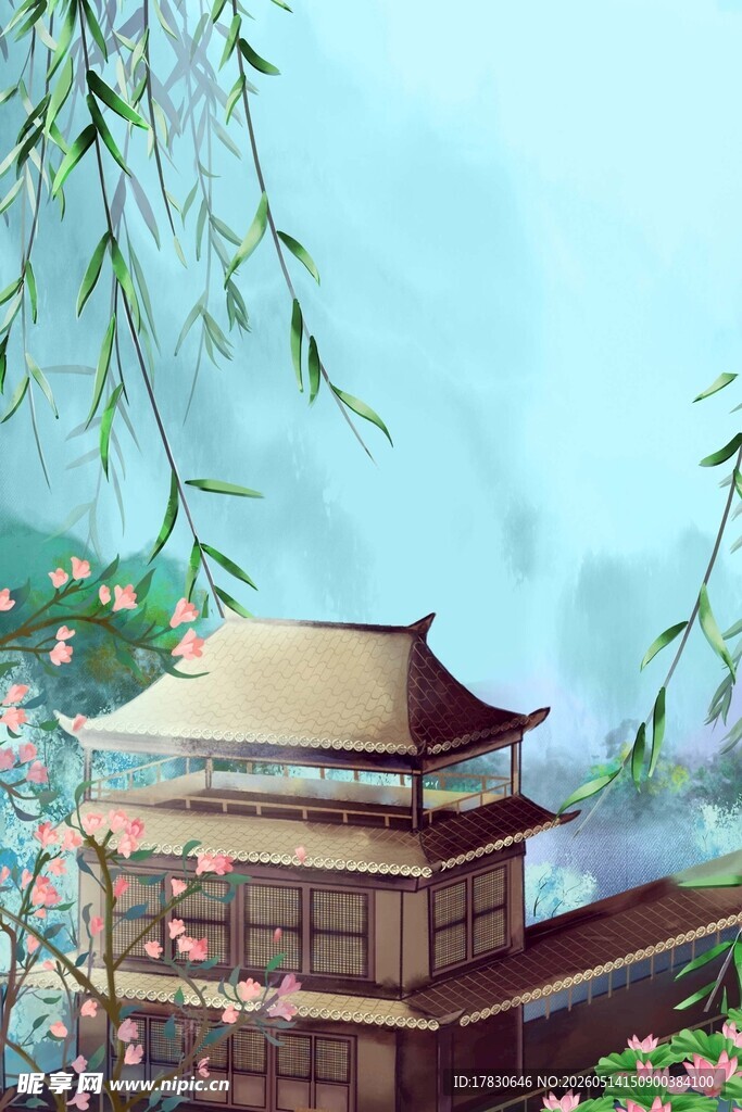 古风楼阁伴垂柳繁花