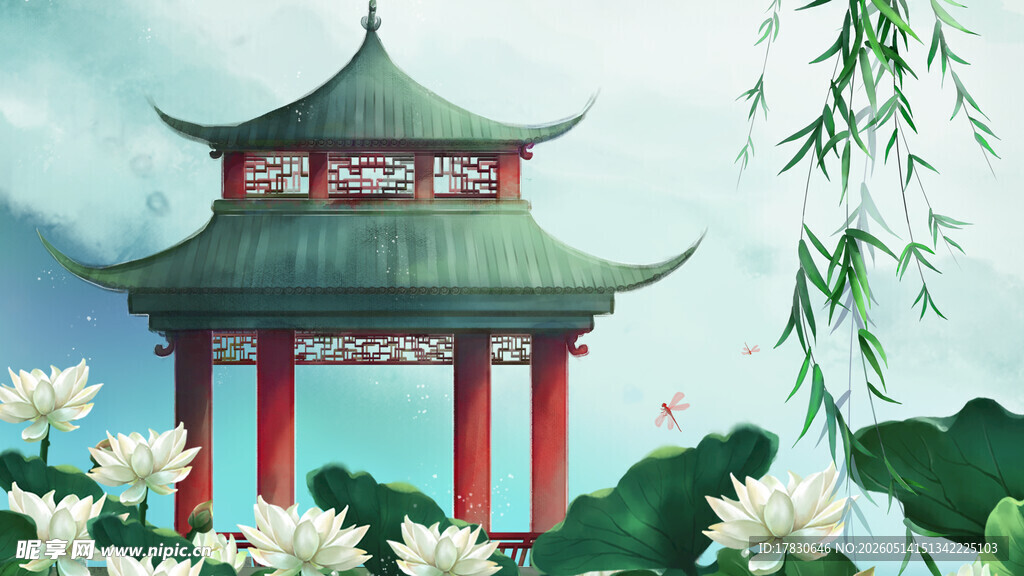 中式凉亭荷花美景