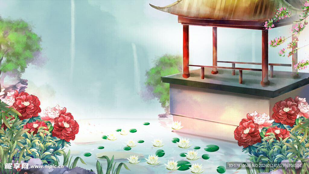 雨中亭景繁花点缀