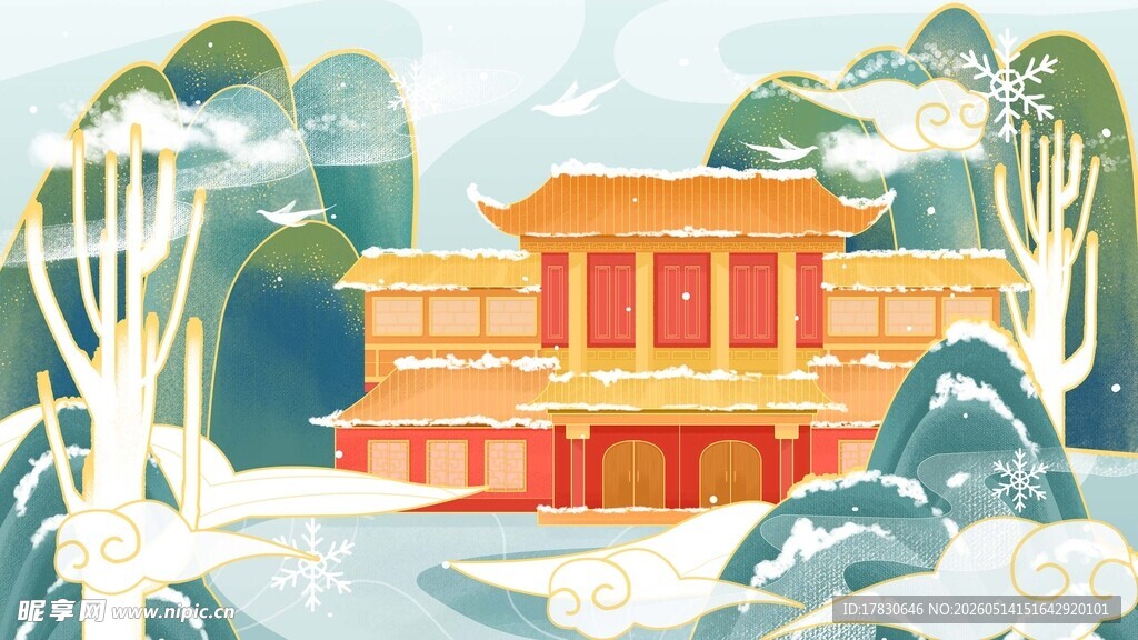 中式雪景古建筑