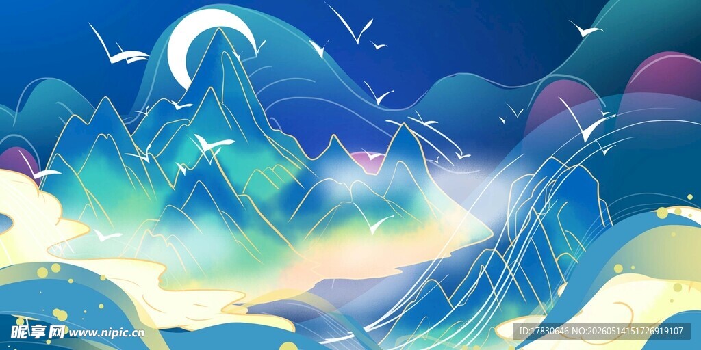 梦幻海浪星空插画