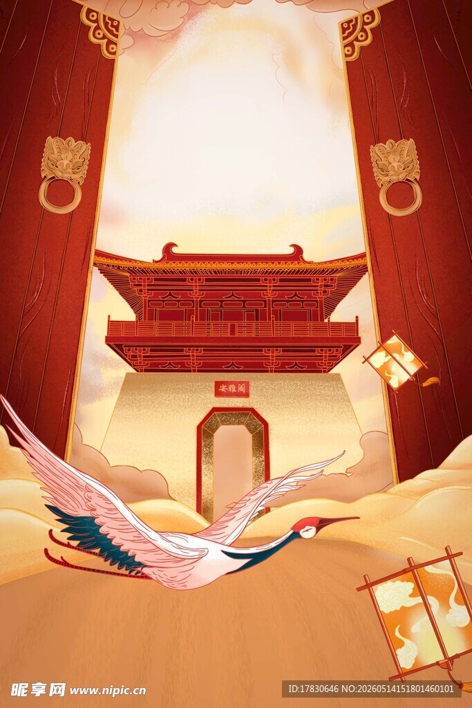 古风仙鹤与中式建筑图景