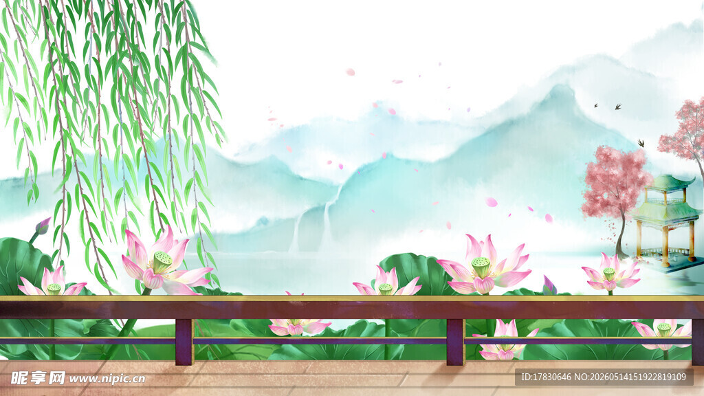 中式园林湖景垂柳繁花