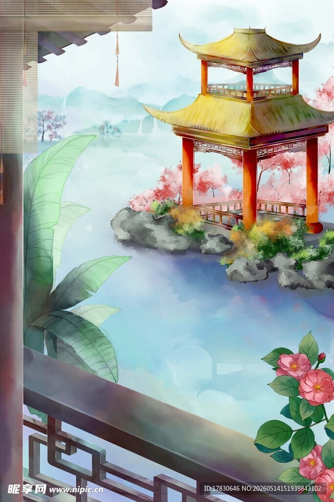 中式园林湖心亭美景