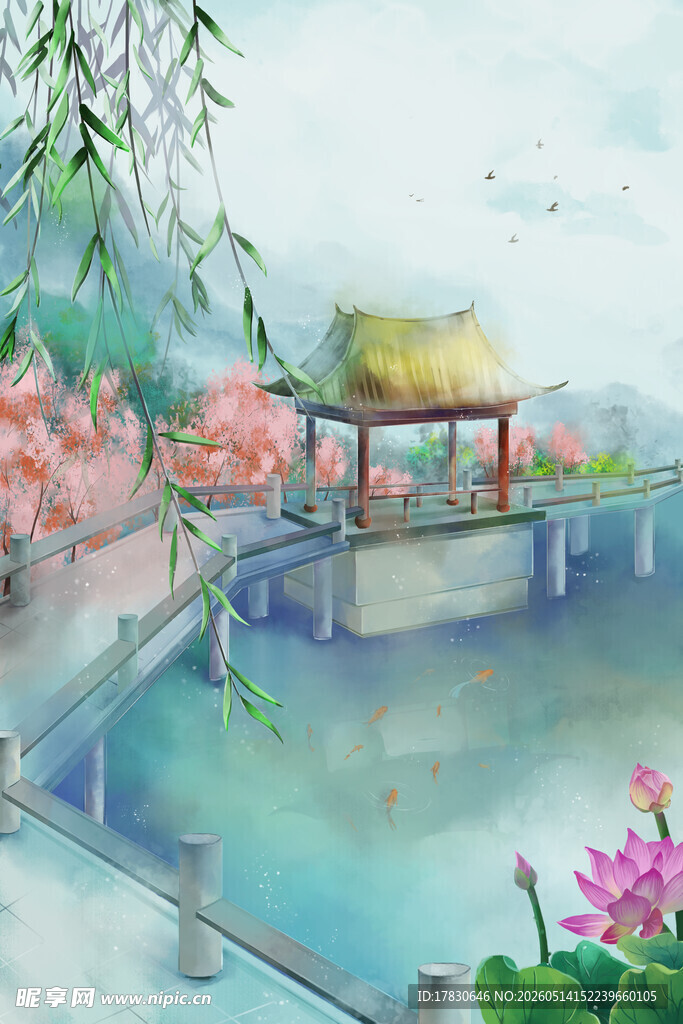 江南水乡亭景图