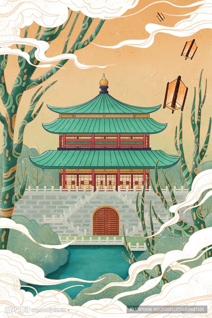 古风中式建筑雪景图