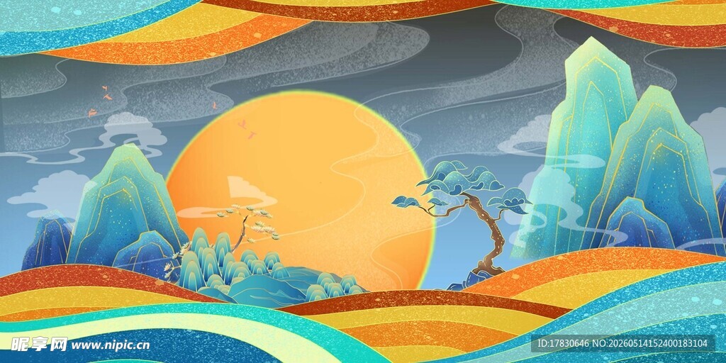梦幻山水间的落日美景