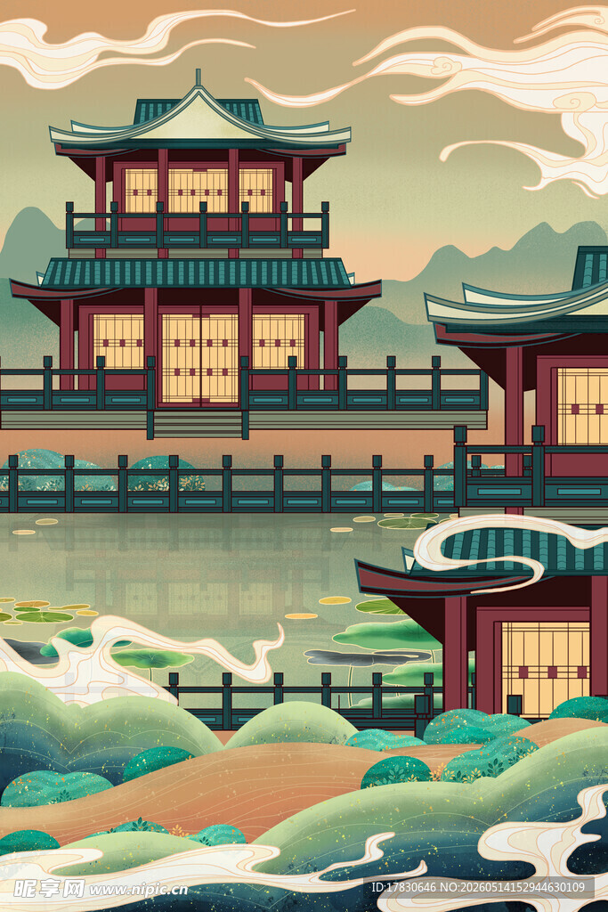 古风楼阁临湖美景