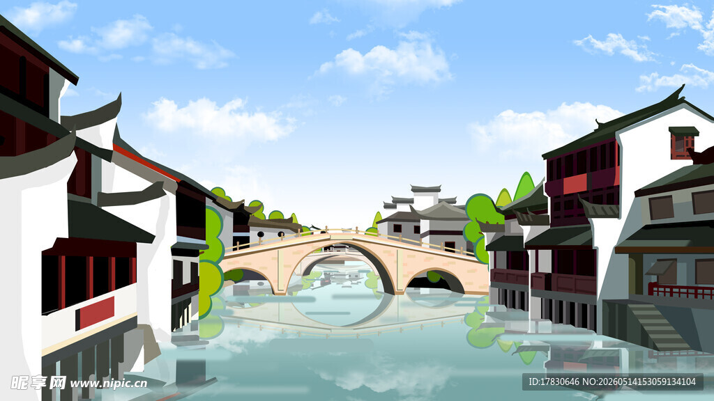 江南水乡古桥风景图
