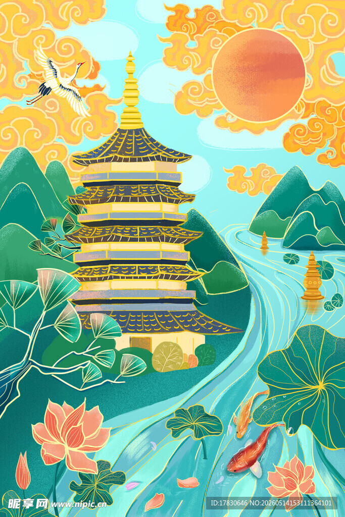 古风山水间的雅致宝塔意境