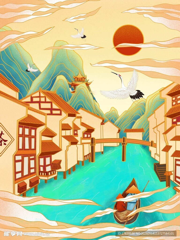 水乡落日景小船悠然行