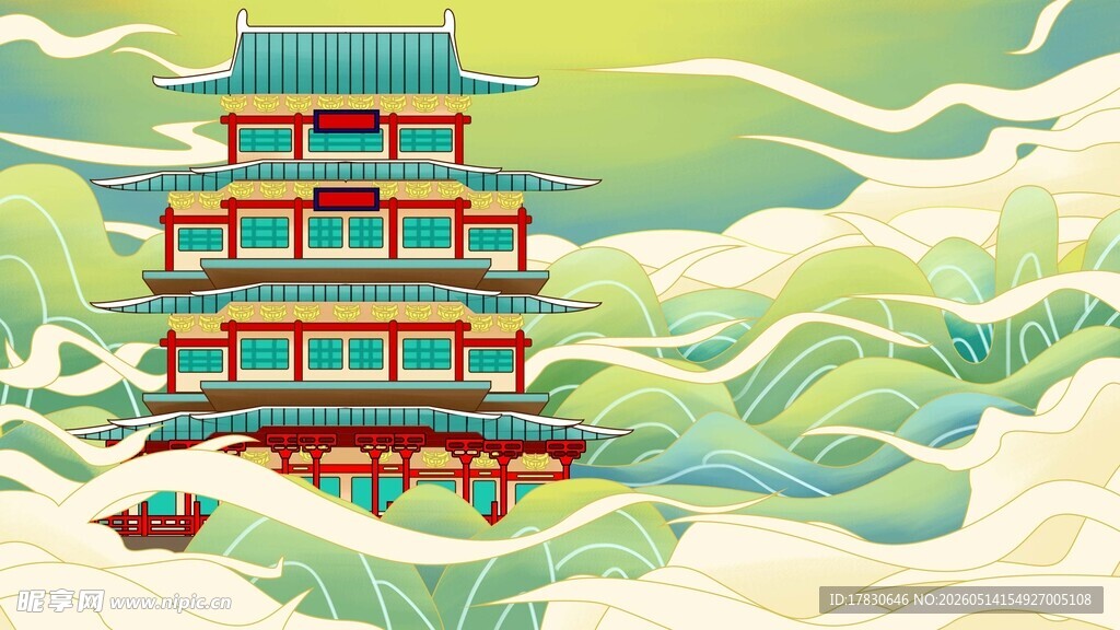 古风楼阁山水意境图
