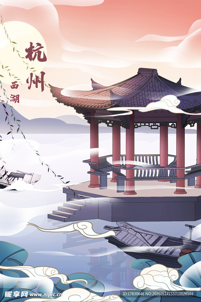 杭州古风亭阁山水景致