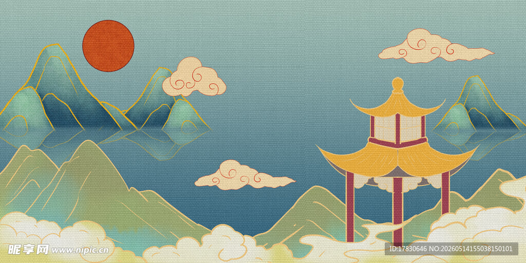 古风山水亭阁日出图景