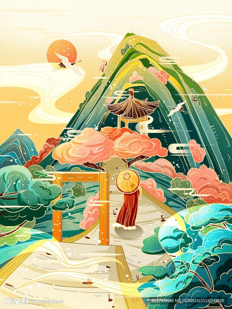 梦幻国风山水场景插画